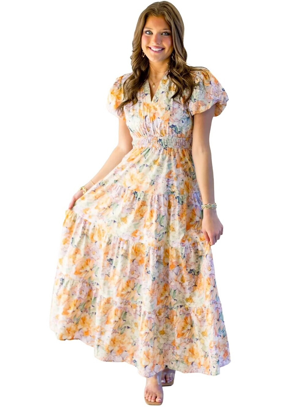 Women's Floral Puff Sleeve Maxi Dress with Smocked Waist - Picture 2 of 3